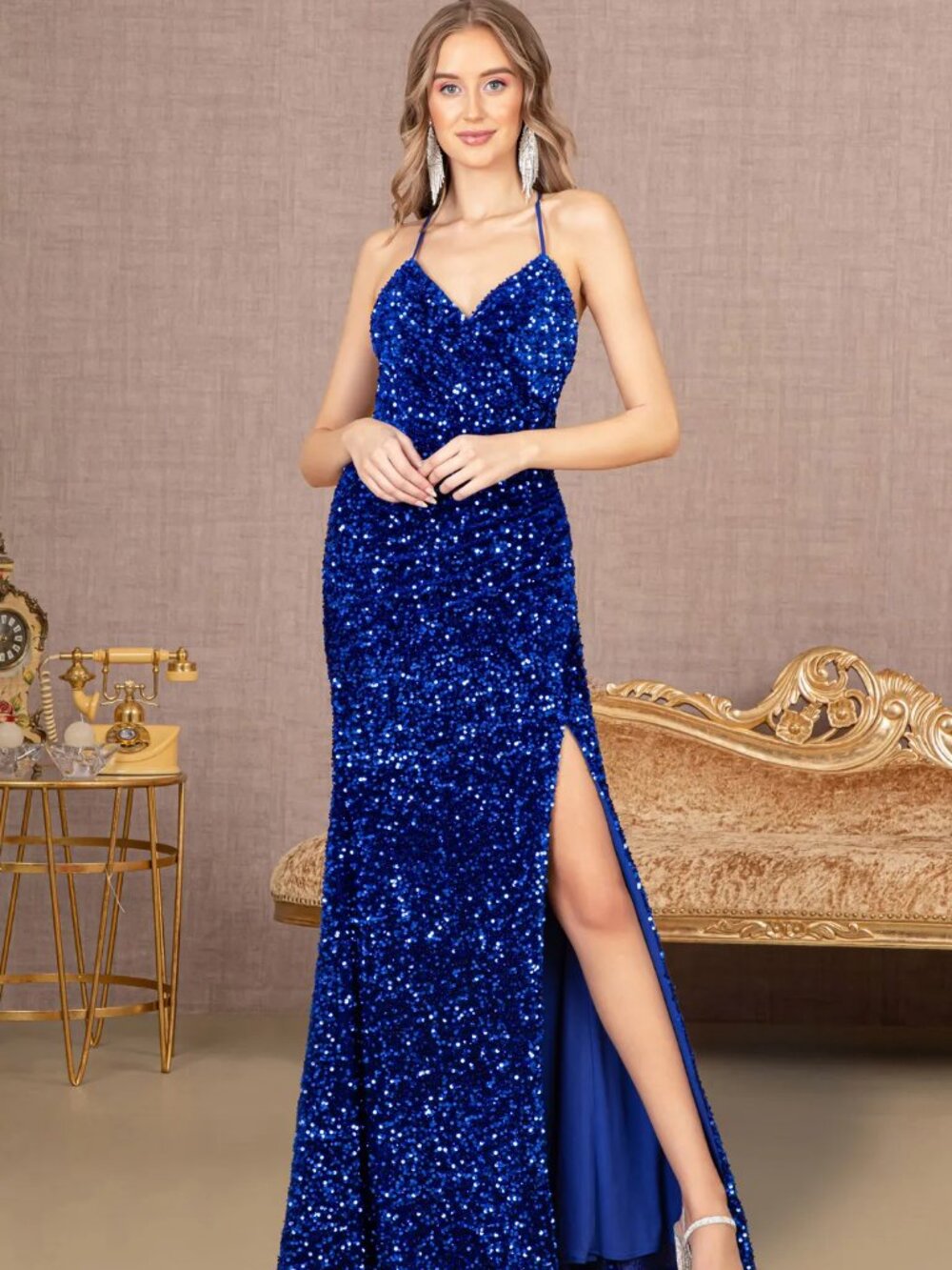 NEW ROYAL BLUE Lace & Sequin Halter Prom Gown Floor Length GL3080